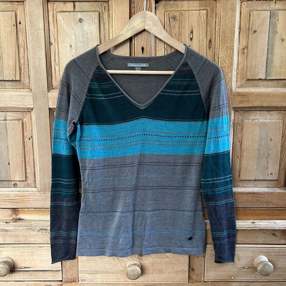 Smartwool‎ V-Neck Striped Sweater Ethno Graphic Sweater Gray Green Womens Small